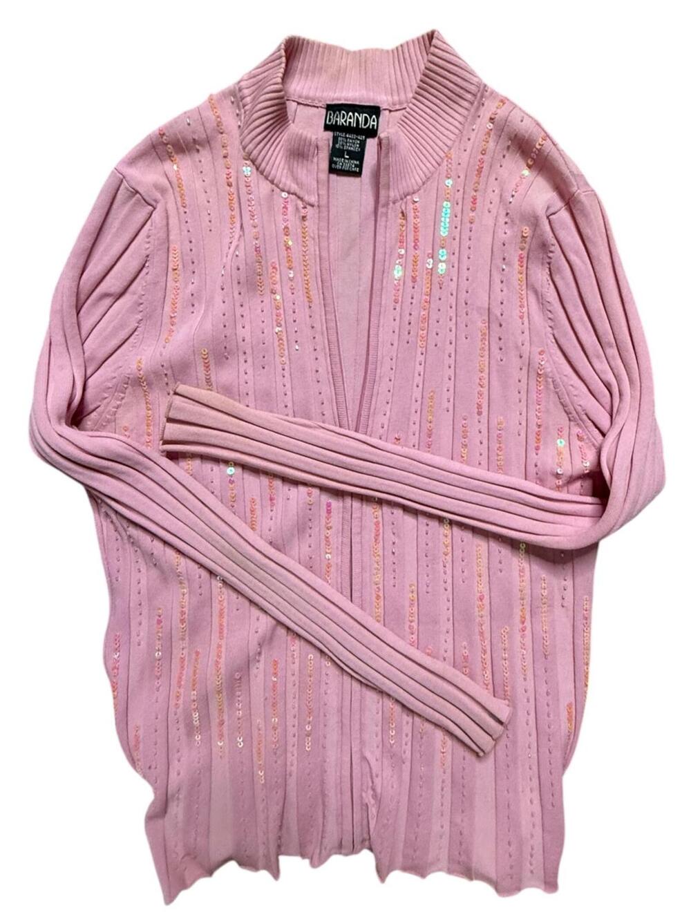 Baranda Pink Sequin Zip-Up Ribbed Sweater Large